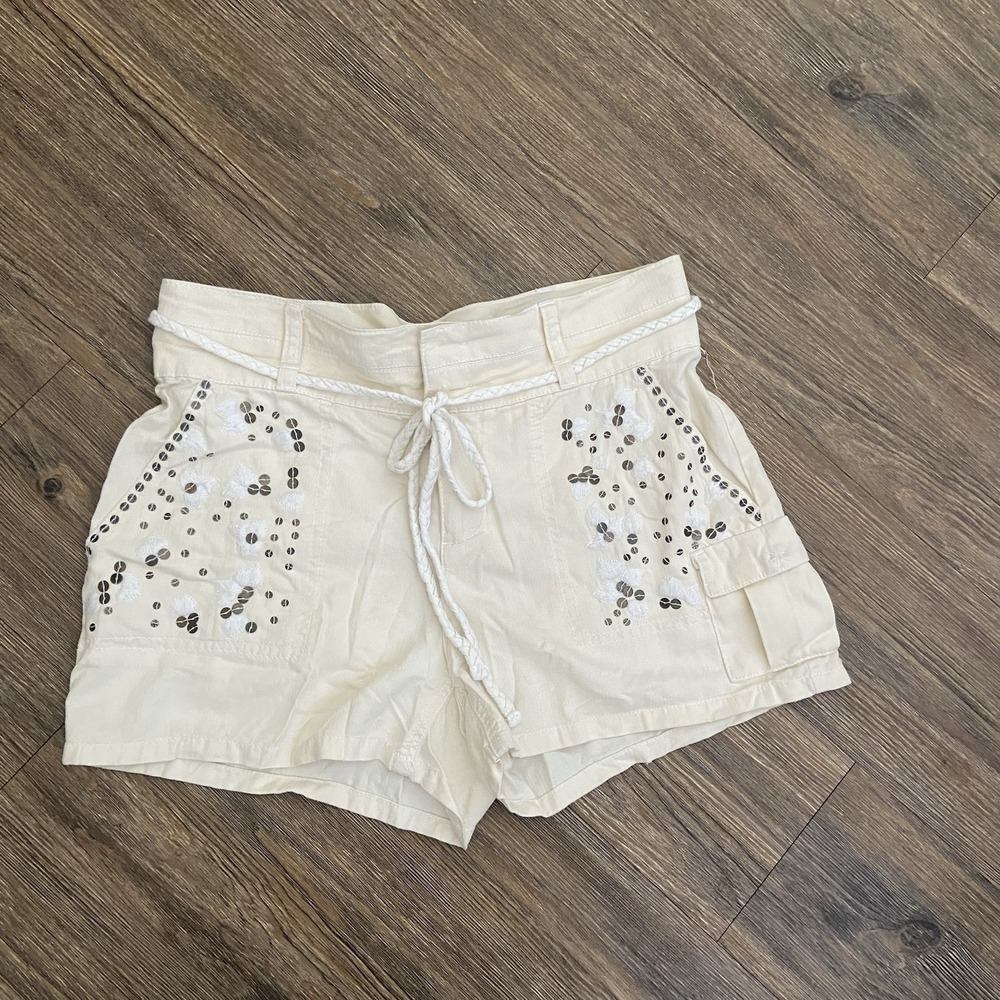 Da-Nang Cream Eyelet Sequins Silk Cotton Cargo Shorts Size Small S